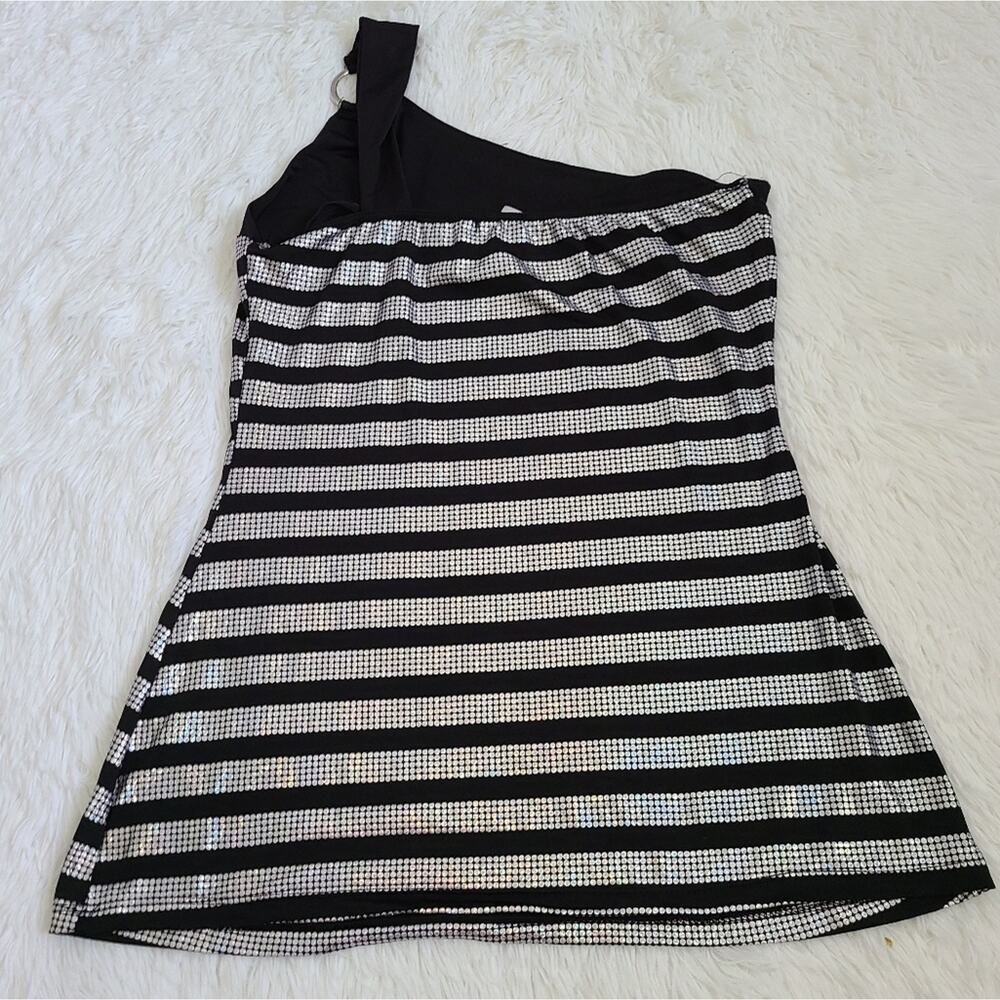 Egen Y2K Black And Silver One Shoulder Blouse SZ M - Picture 2 of 8